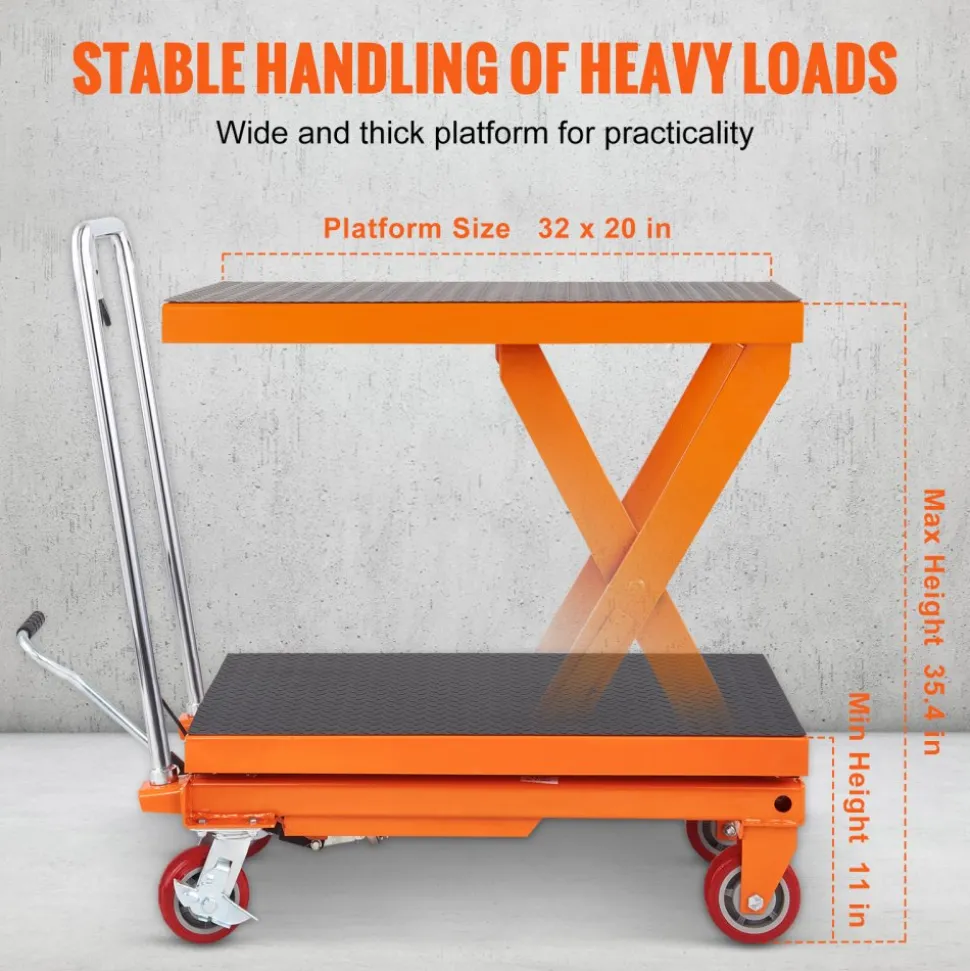 VEVOR Hydraulic Lift Table Cart, 1100lbs Capacity 35.4" Lifting Height, Manual Single Scissor Lift Table with 4 Wheels and Non-slip Pad, Hydraulic Scissor Cart for Material Handling and Transportation