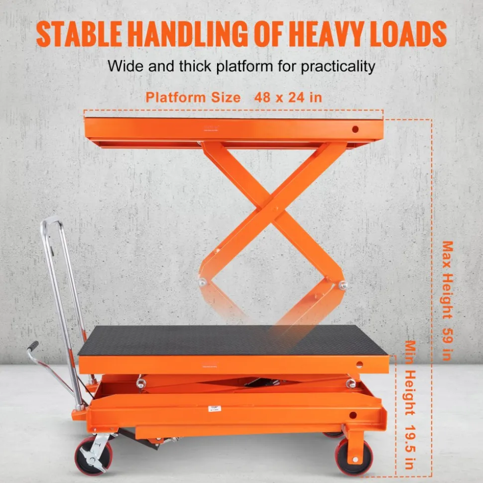 VEVOR Hydraulic Lift Table Cart, 1760lbs Capacity 59" Lifting Height, Manual Double Scissor Lift Table with 4 Wheels and Non-slip Pad, Hydraulic Scissor Cart for Material Handling and Transportation