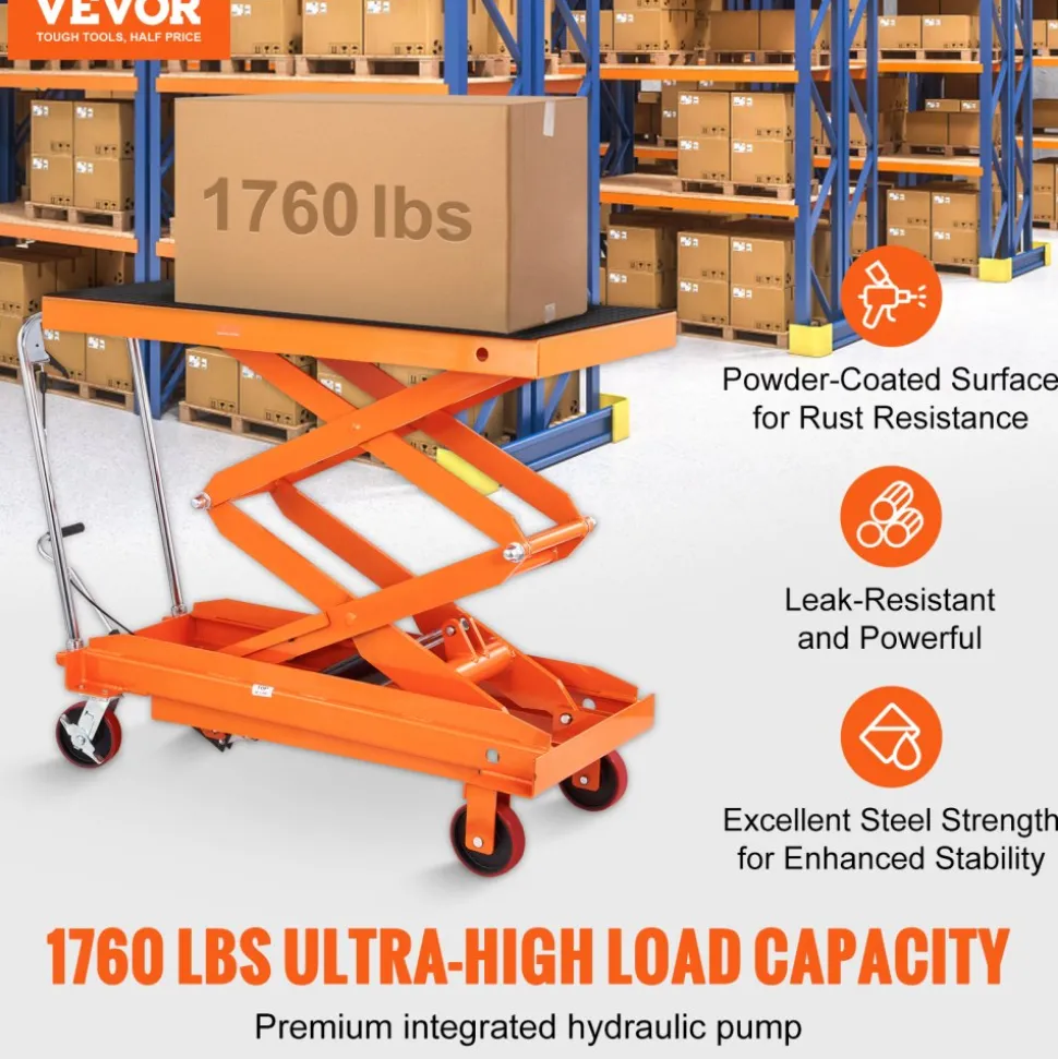 VEVOR Hydraulic Lift Table Cart, 1760lbs Capacity 59" Lifting Height, Manual Double Scissor Lift Table with 4 Wheels and Non-slip Pad, Hydraulic Scissor Cart for Material Handling and Transportation