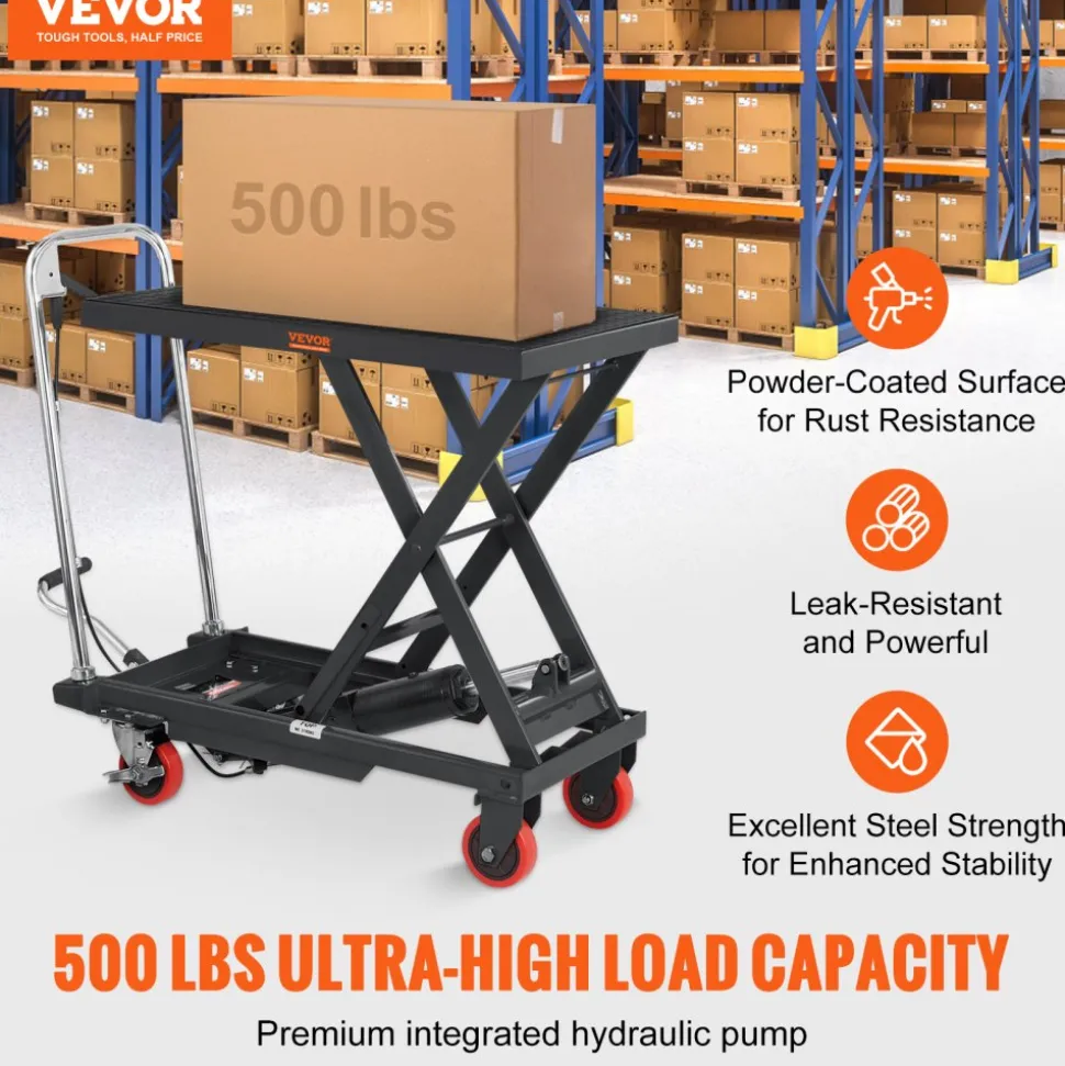 VEVOR Hydraulic Lift Table Cart, 500lbs Capacity 28.5" Lifting Height, Manual Single Scissor Lift Table with 4 Wheels and Non-slip Pad, Hydraulic Scissor Cart for Material Handling, Black
