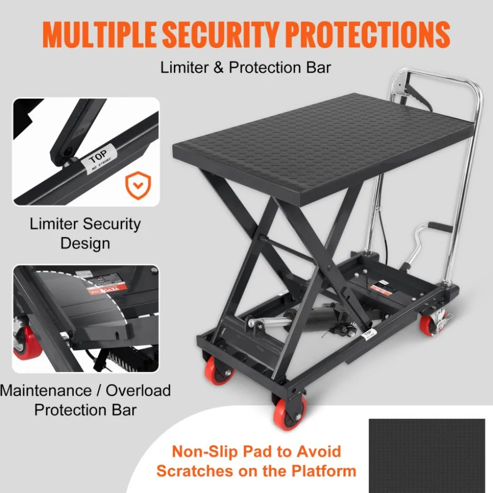 VEVOR Hydraulic Lift Table Cart, 500lbs Capacity 28.5" Lifting Height, Manual Single Scissor Lift Table with 4 Wheels and Non-slip Pad, Hydraulic Scissor Cart for Material Handling, Black