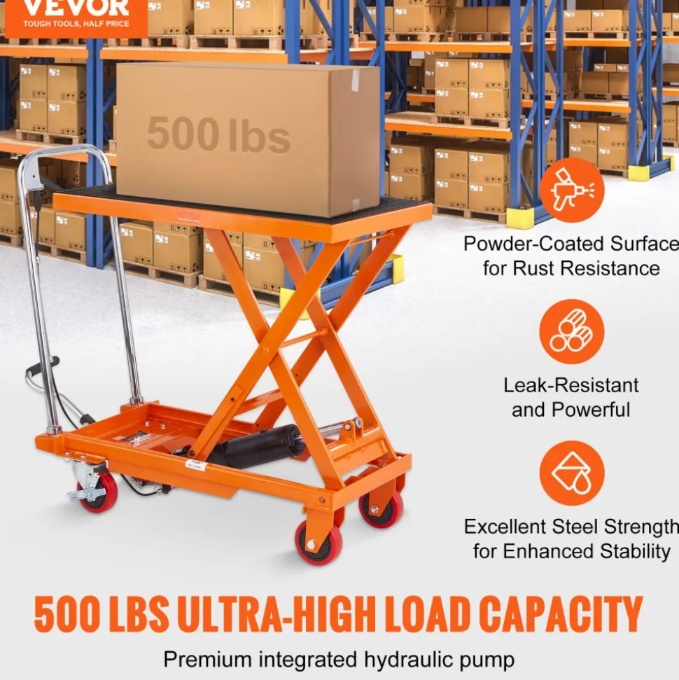 VEVOR Hydraulic Lift Table Cart, 500lbs Capacity 28.5" Lifting Height, Manual Single Scissor Lift Table with 4 Wheels and Non-slip Pad, Hydraulic Scissor Cart for Material Handling, Orange
