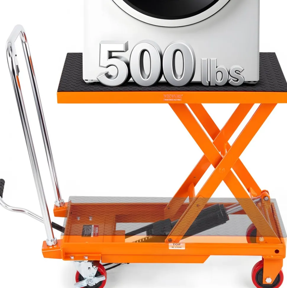 VEVOR Hydraulic Lift Table Cart, 500lbs Capacity 28.5" Lifting Height, Manual Single Scissor Lift Table with 4 Wheels and Non-slip Pad, Hydraulic Scissor Cart for Material Handling, Orange