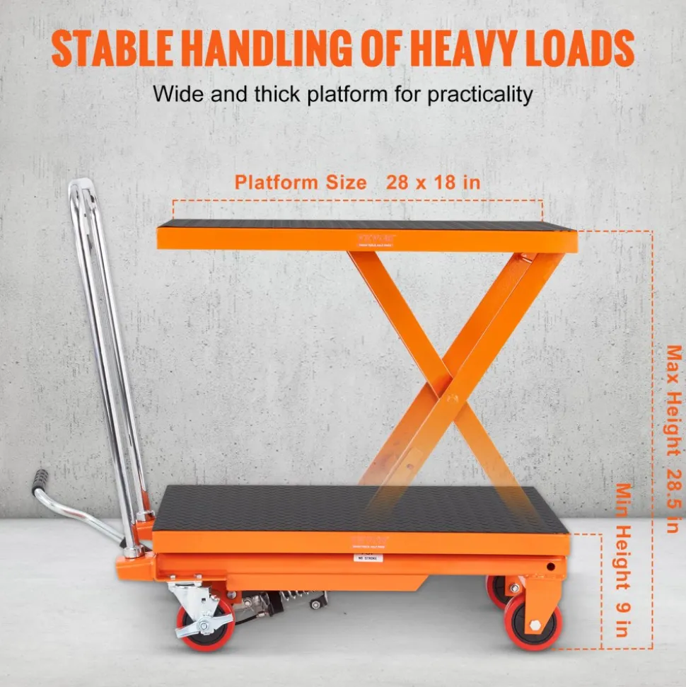 VEVOR Hydraulic Lift Table Cart, 500lbs Capacity 28.5" Lifting Height, Manual Single Scissor Lift Table with 4 Wheels and Non-slip Pad, Hydraulic Scissor Cart for Material Handling, Orange