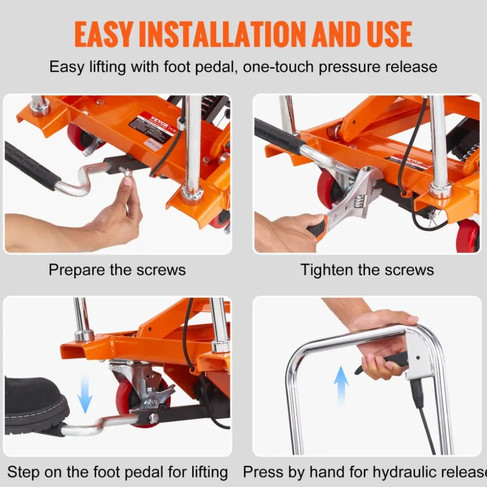 VEVOR Hydraulic Lift Table Cart, 500lbs Capacity 28.5" Lifting Height, Manual Single Scissor Lift Table with 4 Wheels and Non-slip Pad, Hydraulic Scissor Cart for Material Handling, Orange
