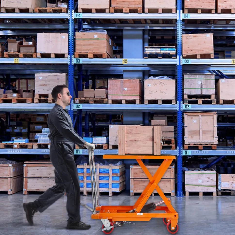 VEVOR Hydraulic Lift Table Cart, 500lbs Capacity 28.5" Lifting Height, Manual Single Scissor Lift Table with 4 Wheels and Non-slip Pad, Hydraulic Scissor Cart for Material Handling, Orange