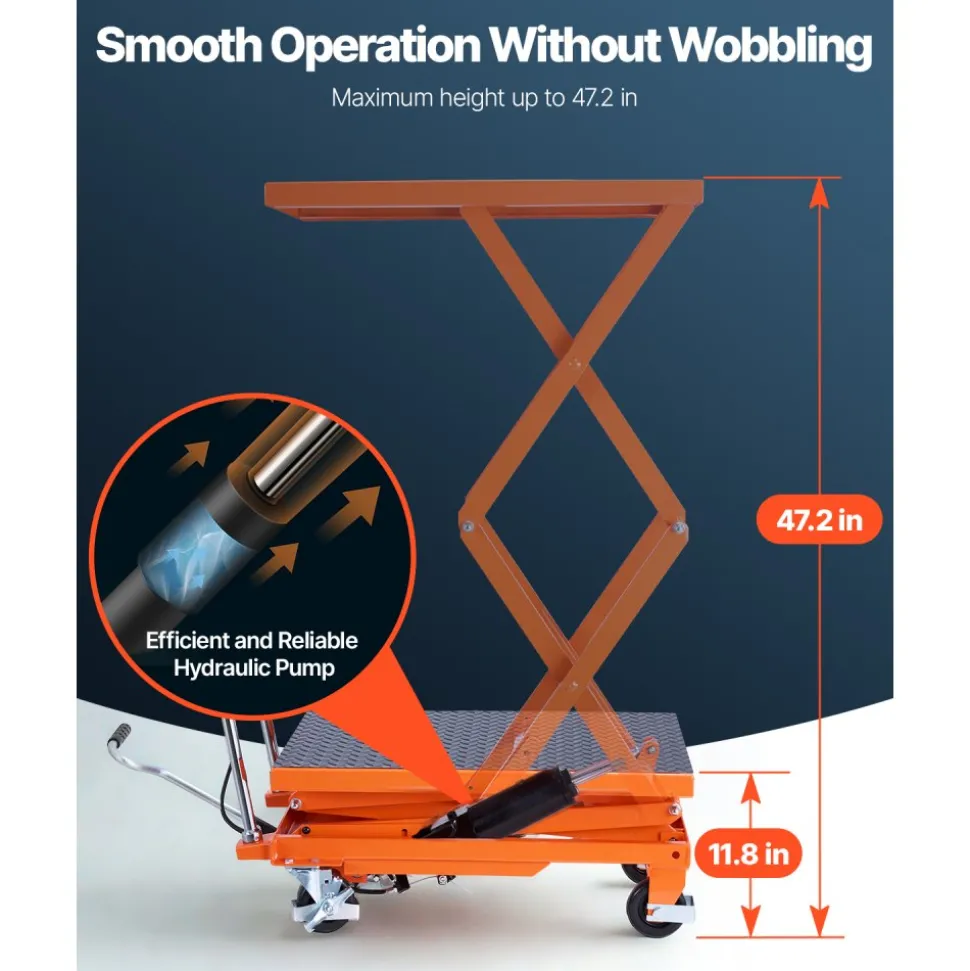 VEVOR Hydraulic Lift Table, 500 lbs Capacity, 47.2" Lifting Height, Double Scissor Lift Table Cart with 4 Wheels and Non-slip Pad, Manual Hydraulic Lifting Cart for Material Handling & Transportation
