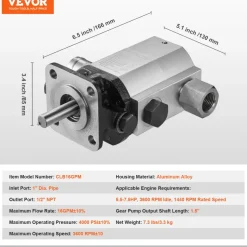 VEVOR Hydraulic Log Splitter Pump, 22GPM, 2 Stage 4000PSI Wood Log Splitter Pump, 1-1/4'' Inlet 3/4'' NPT Outlet 3600 RPM Aluminum Hydraulic Gear Pump, for Small Engine Mounting Log Splitters Snowplow