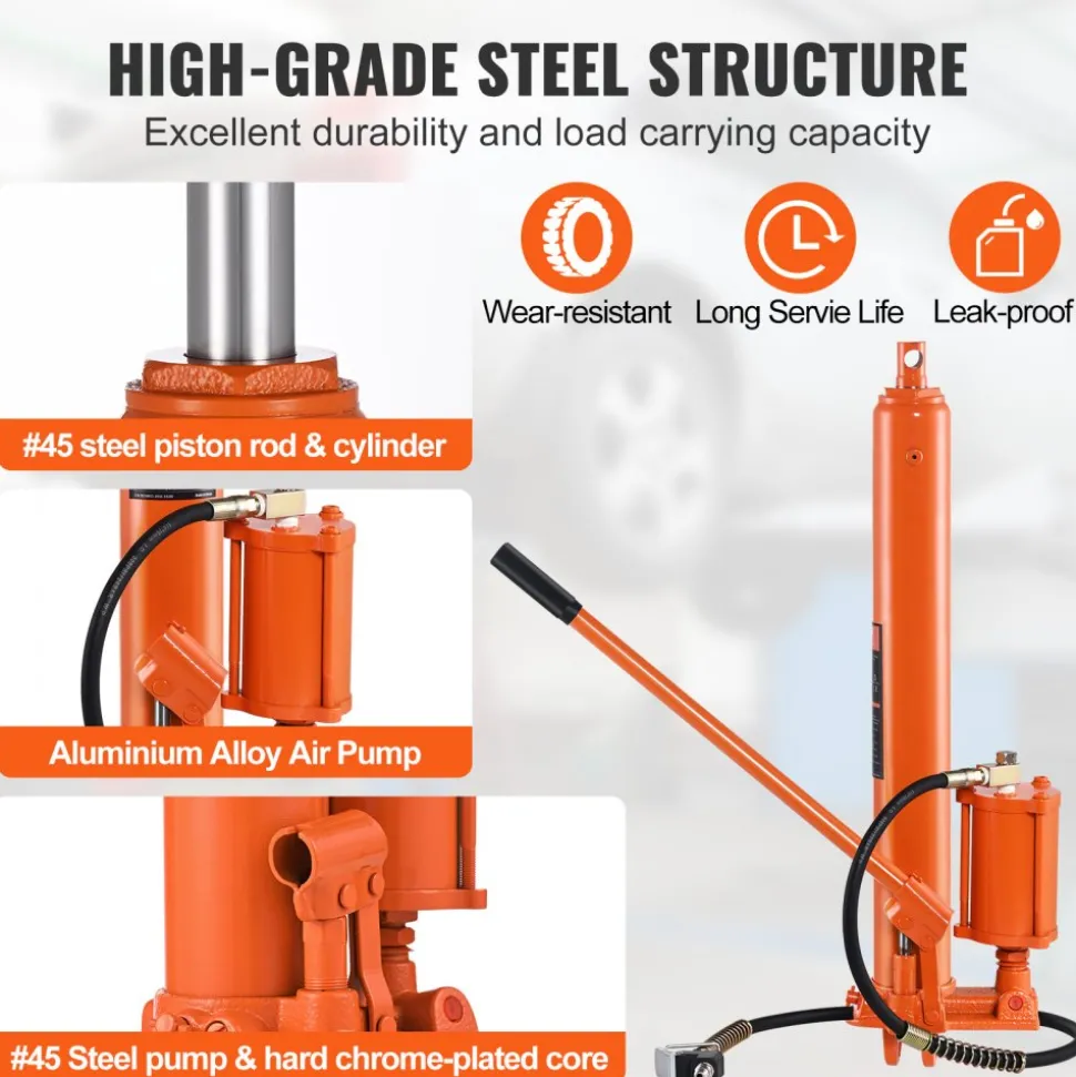 VEVOR Hydraulic Long Ram Jack, 8 Ton Engine Hoist Cylinder with Air Pump and Single Piston Pump, Hydraulic Ram Cylinder Clevis Base for Engine Lift Hoists, Garage/Shop Cranes, Mechanical, Farm