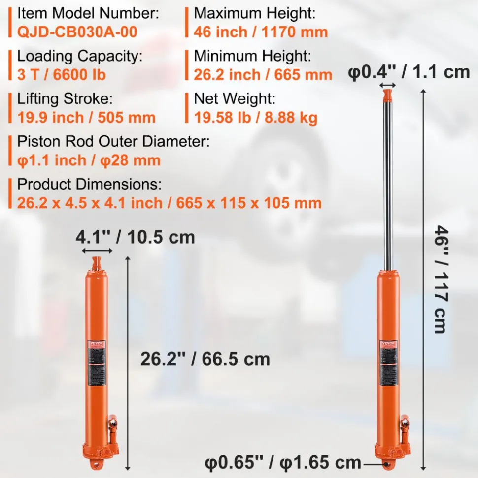 VEVOR Hydraulic Long Ram Jack, 3 Ton Engine Hoist Cylinder with Single Piston Pump And Clevis Base, Hydraulic Ram Cylinder for Engine Lift Hoists, Hydraulic Garage/Shop Cranes, Mechanical, Farm