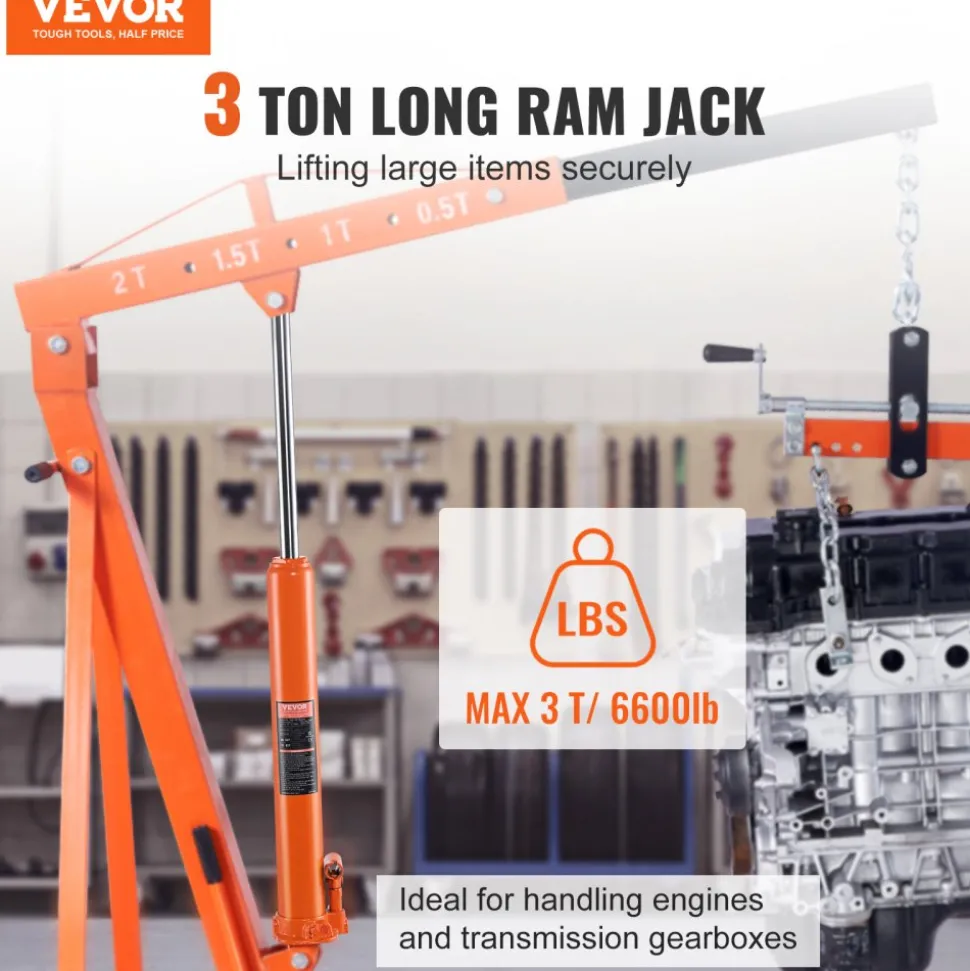 VEVOR Hydraulic Long Ram Jack, 3 Ton Engine Hoist Cylinder with Single Piston Pump And Clevis Base, Hydraulic Ram Cylinder for Engine Lift Hoists, Hydraulic Garage/Shop Cranes, Mechanical, Farm