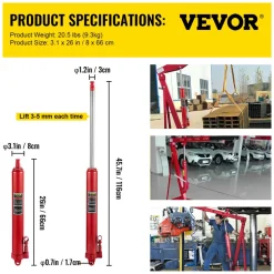VEVOR Hydraulic Long Ram Jack, 3 Tons/6600 lbs Capacity, with Single Piston Pump and Clevis Base, Manual Cherry Picker with Handle, for Garage/Shop Cranes, Engine Lift Hoist, Red