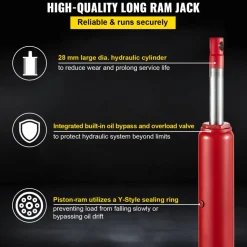 VEVOR Hydraulic Long Ram Jack, 3 Tons/6600 lbs Capacity, with Single Piston Pump and Clevis Base, Manual Cherry Picker with Handle, for Garage/Shop Cranes, Engine Lift Hoist, Red