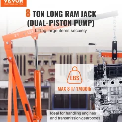 VEVOR Hydraulic Long Ram Jack, 8 Ton Engine Hoist Cylinder with Double Piston Pump And Clevis Base, Hydraulic Ram Cylinder for Engine Lift Hoists, Hydraulic Garage/Shop Cranes, Mechanical, Farm