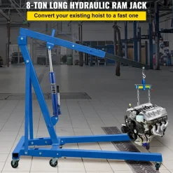 VEVOR Hydraulic Long Ram Jack, 8 Tons/17363 lbs Capacity, with Single Piston Pump and Clevis Base, Manual Cherry Picker with Handle, for Garage/Shop Cranes, Engine Lift Hoist, Blue