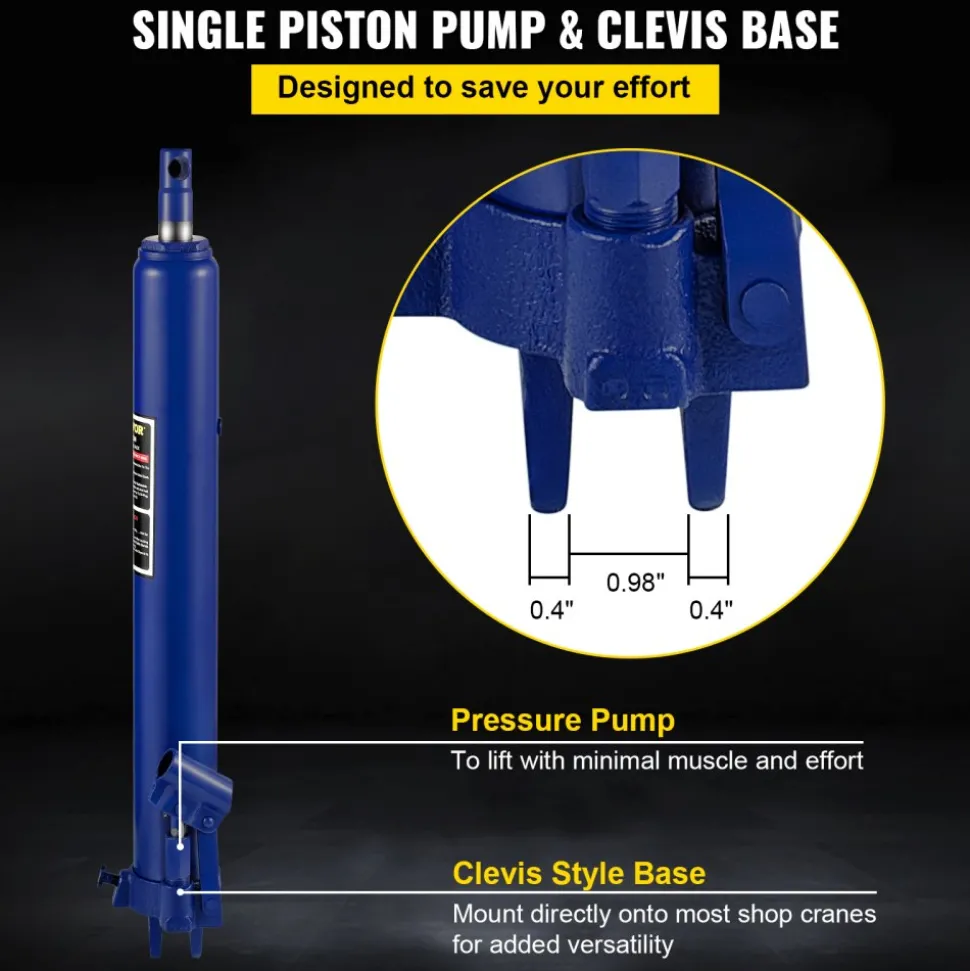 VEVOR Hydraulic Long Ram Jack, 8 Tons/17363 lbs Capacity, with Single Piston Pump and Clevis Base, Manual Cherry Picker with Handle, for Garage/Shop Cranes, Engine Lift Hoist, Blue