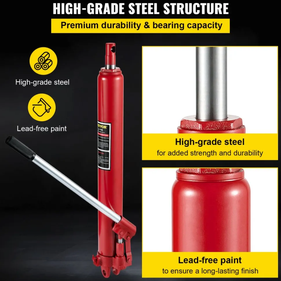 VEVOR Hydraulic Long Ram Jack, 8 Tons/17363 lbs Capacity, with Single Piston Pump and Clevis Base, Manual Cherry Picker with Handle, for Garage/Shop Cranes, Engine Lift Hoist, Red