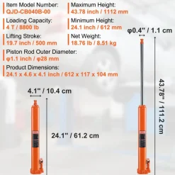 VEVOR Hydraulic Long Ram Jack, 4 Ton Engine Hoist Cylinder with Single Piston Pump And Flat Base, Hydraulic Ram Cylinder for Engine Lift Hoists, Hydraulic Garage/Shop Cranes, Mechanical, Farm