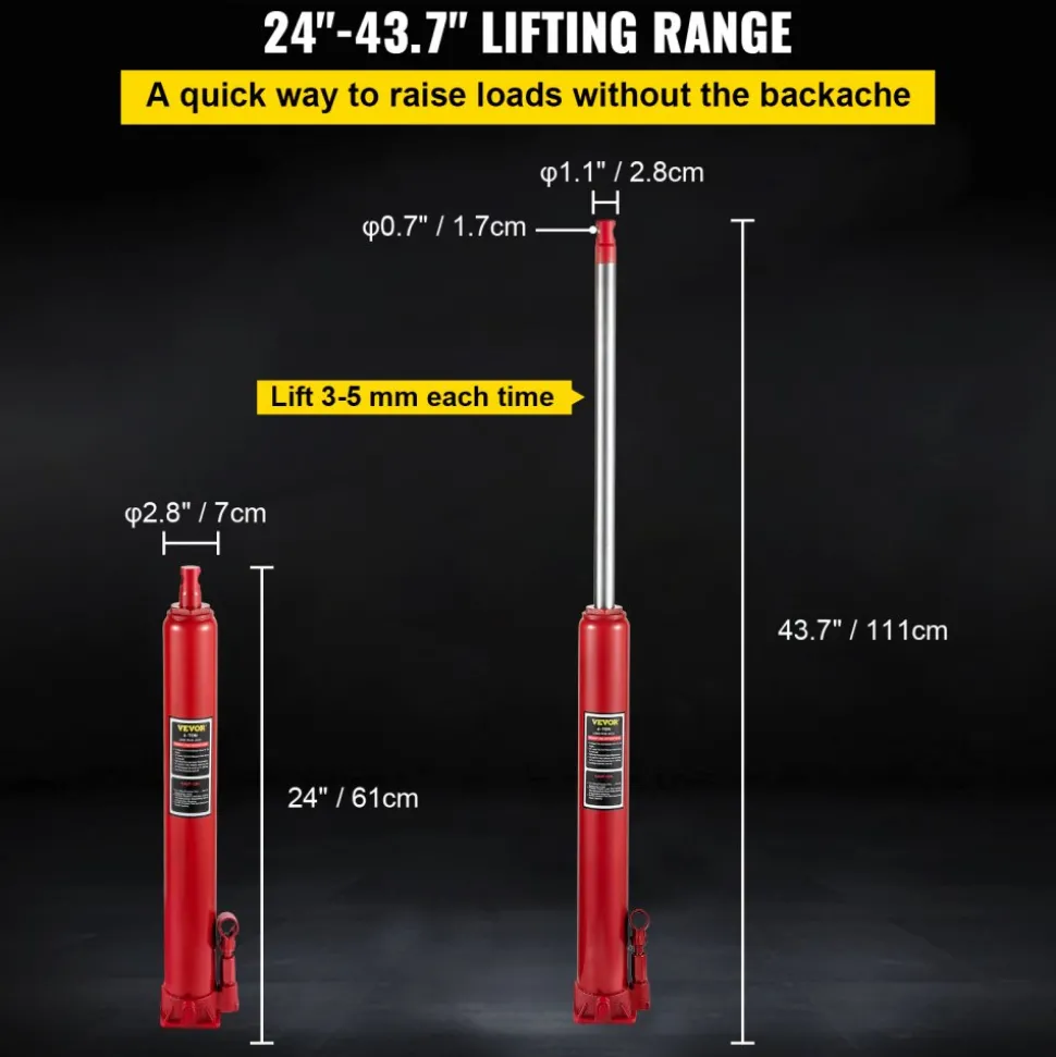 VEVOR Hydraulic Long Ram Jack, 4 Tons/8818 lbs Capacity, with Single Piston Pump and Flat Base, Manual Cherry Picker with Handle, for Garage/Shop Cranes, Engine Lift Hoist, Red