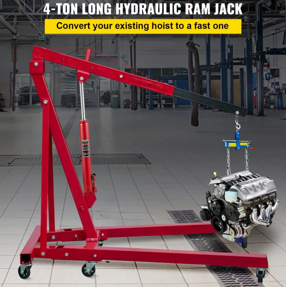 VEVOR Hydraulic Long Ram Jack, 4 Tons/8818 lbs Capacity, with Single Piston Pump and Flat Base, Manual Cherry Picker with Handle, for Garage/Shop Cranes, Engine Lift Hoist, Red