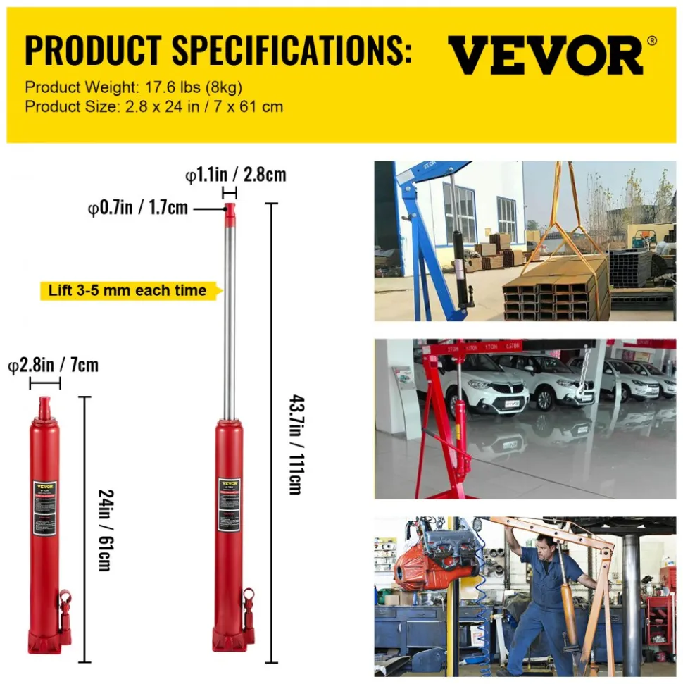VEVOR Hydraulic Long Ram Jack, 4 Tons/8818 lbs Capacity, with Single Piston Pump and Flat Base, Manual Cherry Picker with Handle, for Garage/Shop Cranes, Engine Lift Hoist, Red