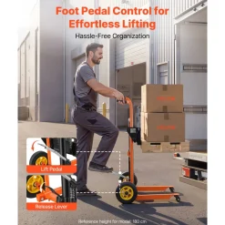 VEVOR Hydraulic Material Lift Winch Stacker, 450 lbs Load Capacity, Pallet Truck Dolly with Fork Lift Table, 35.4 Inches Max Lifting Height, Foldable & Portable Pallet Jack Table Cart, Orange & Black