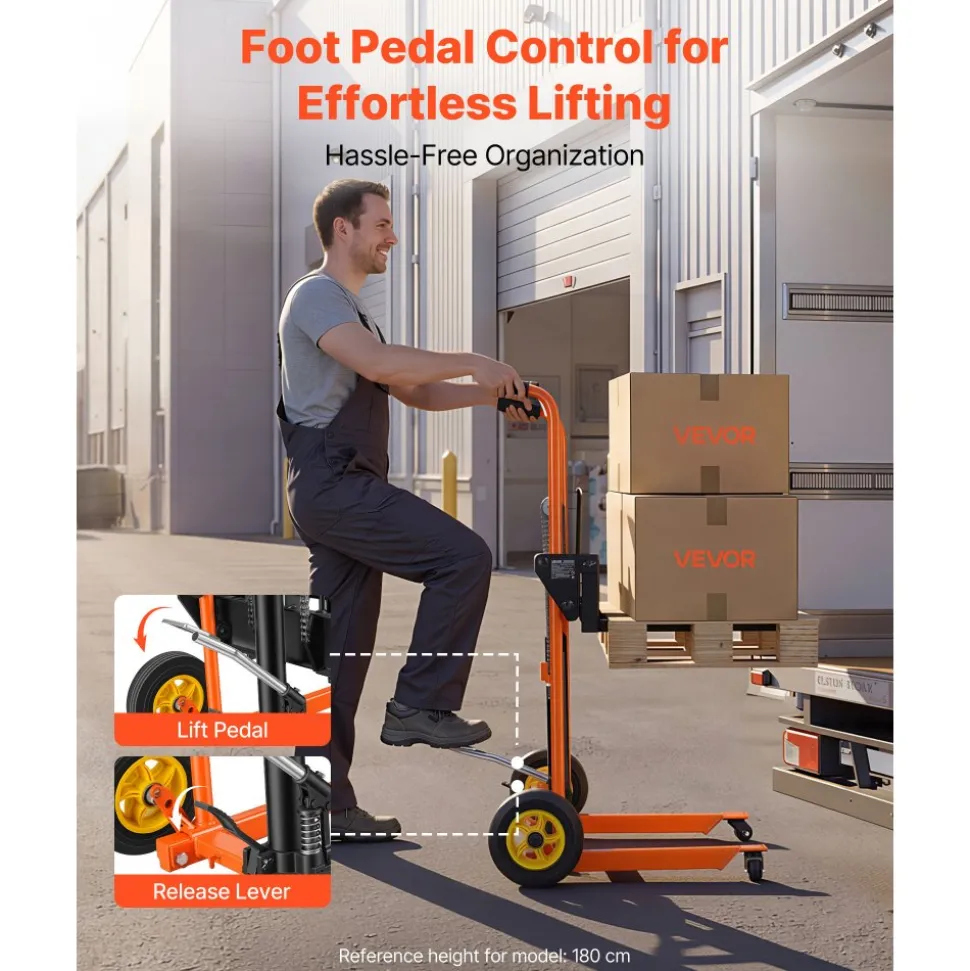VEVOR Hydraulic Material Lift Winch Stacker, 450 lbs Load Capacity, Pallet Truck Dolly with Fork Lift Table, 39.4 Inches Max Lifting Height, Foldable & Portable Pallet Jack Table Cart, Orange & Black