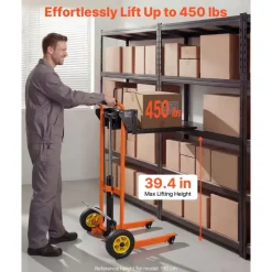 VEVOR Hydraulic Material Lift Winch Stacker, 450 lbs Load Capacity, Pallet Truck Dolly with Fork Lift Table, 39.4 Inches Max Lifting Height, Foldable & Portable Pallet Jack Table Cart, Orange & Black