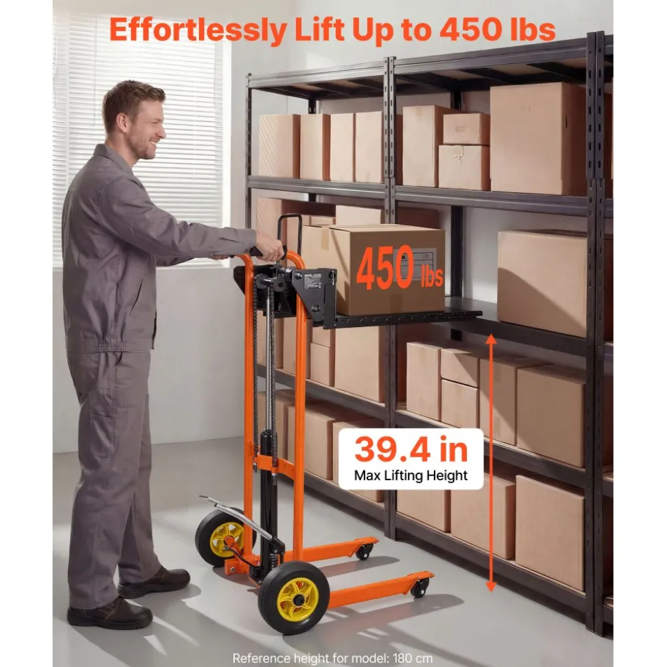 VEVOR Hydraulic Material Lift Winch Stacker, 450 lbs Load Capacity, Pallet Truck Dolly with Fork Lift Table, 39.4 Inches Max Lifting Height, Foldable & Portable Pallet Jack Table Cart, Orange & Black