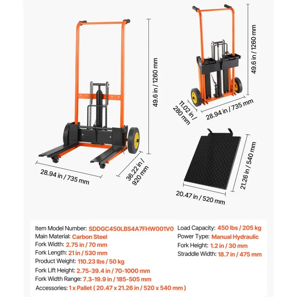 VEVOR Hydraulic Material Lift Winch Stacker, 450 lbs Load Capacity, Pallet Truck Dolly with Fork Lift Table, 39.4 Inches Max Lifting Height, Foldable & Portable Pallet Jack Table Cart, Orange & Black