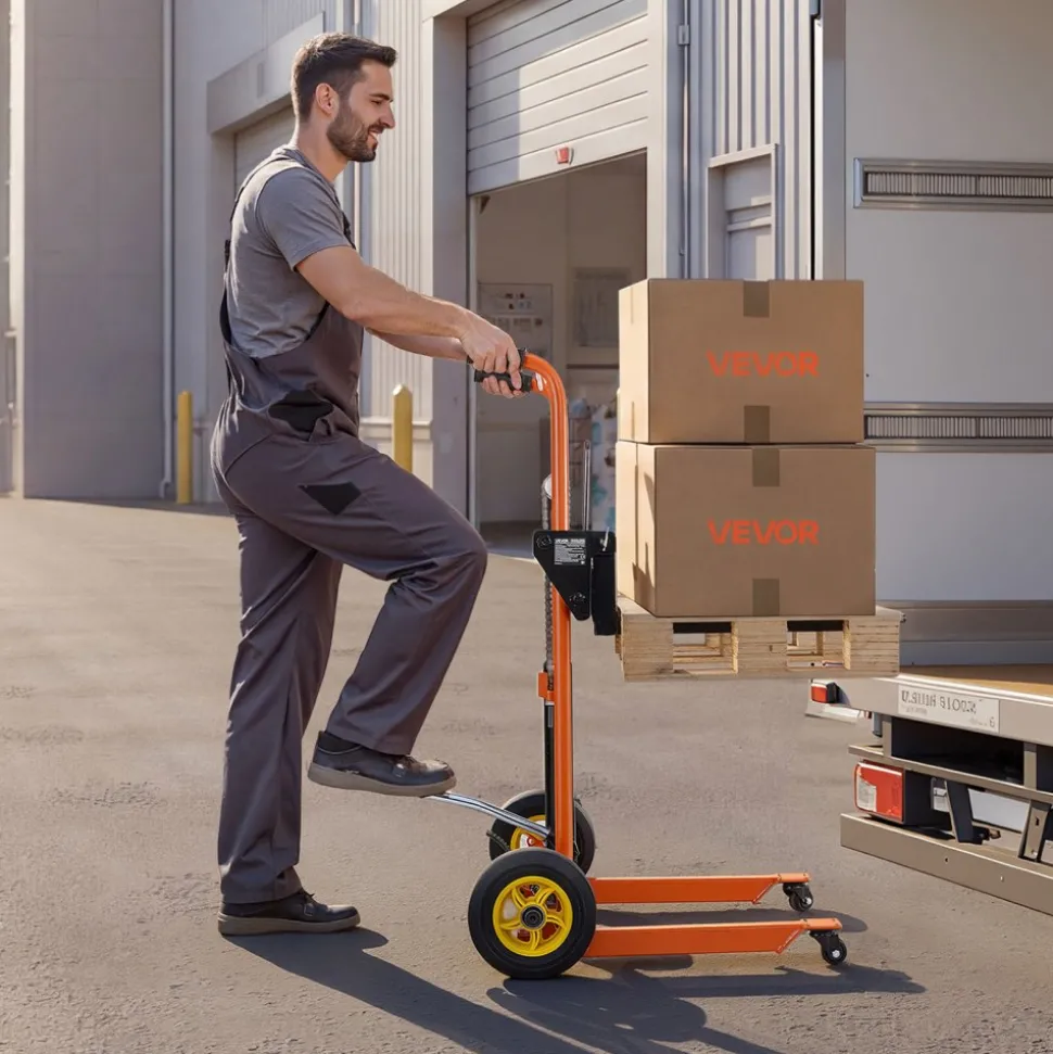 VEVOR Hydraulic Material Lift Winch Stacker, 450 lbs Load Capacity, Pallet Truck Dolly with Fork Lift Table, 39.4 Inches Max Lifting Height, Foldable & Portable Pallet Jack Table Cart, Orange & Black