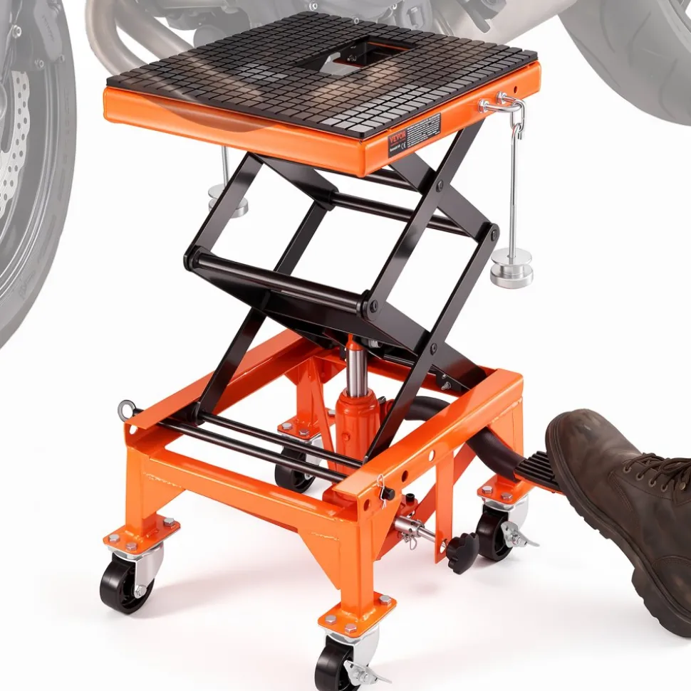 VEVOR Hydraulic Motorcycle Lift Table, 350 LBS Capacity Motorcycle Scissor Jack Lift with Wide Deck, J-hooks, 4 Wheels, Hydraulic Foot-Operated Jack Stand for ATV Dirt Bikes