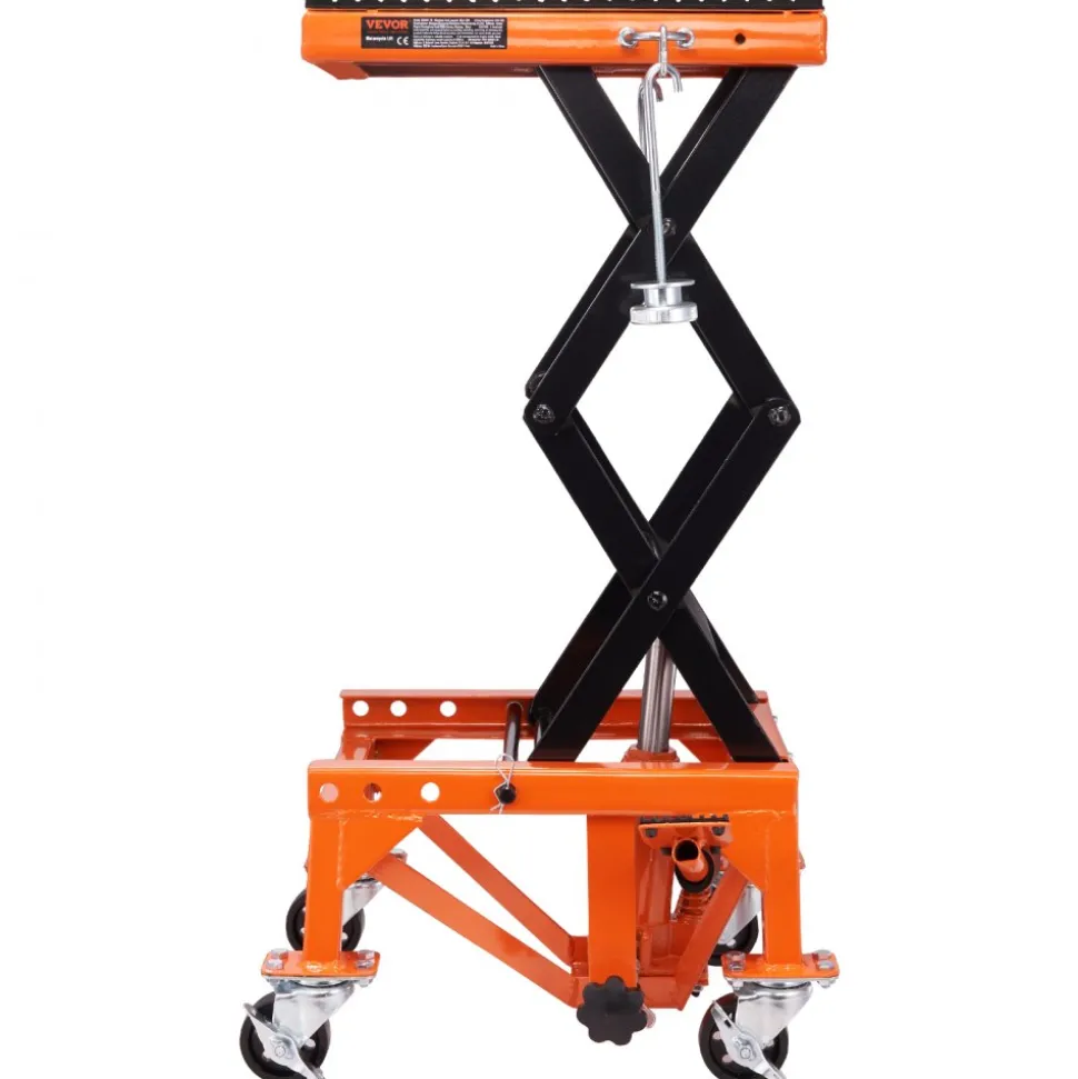 VEVOR Hydraulic Motorcycle Lift Table, 350 LBS Capacity Motorcycle Scissor Jack Lift with Wide Deck, J-hooks, 4 Wheels, Hydraulic Foot-Operated Jack Stand for ATV Dirt Bikes