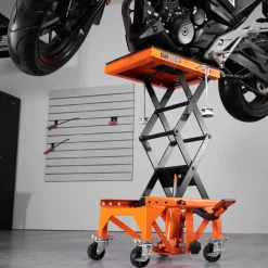 VEVOR Hydraulic Motorcycle Lift Table, 350 LBS Capacity Motorcycle Scissor Jack Lift with Wide Deck, J-hooks, 4 Wheels, Hydraulic Foot-Operated Jack Stand for ATV Dirt Bikes