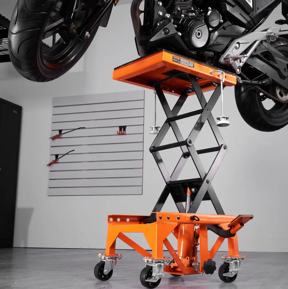 VEVOR Hydraulic Motorcycle Lift Table, 350 LBS Capacity Motorcycle Scissor Jack Lift with Wide Deck, J-hooks, 4 Wheels, Hydraulic Foot-Operated Jack Stand for ATV Dirt Bikes