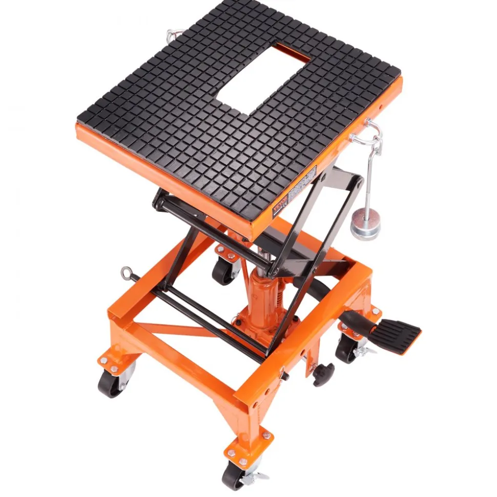 VEVOR Hydraulic Motorcycle Lift Table, 350 LBS Capacity Motorcycle Scissor Jack Lift with Wide Deck, J-hooks, 4 Wheels, Hydraulic Foot-Operated Jack Stand for ATV Dirt Bikes