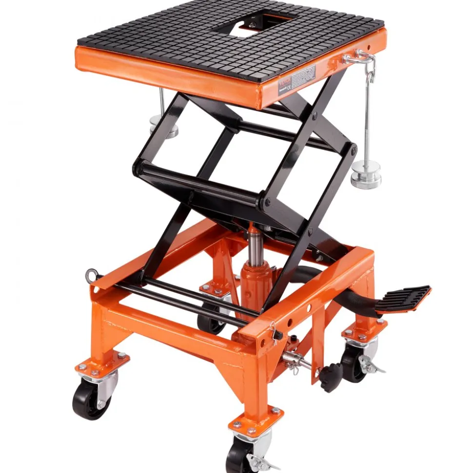 VEVOR Hydraulic Motorcycle Lift Table, 350 LBS Capacity Motorcycle Scissor Jack Lift with Wide Deck, J-hooks, 4 Wheels, Hydraulic Foot-Operated Jack Stand for ATV Dirt Bikes