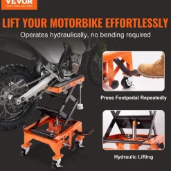 VEVOR Hydraulic Motorcycle Lift Table, 350 LBS Capacity Motorcycle Scissor Jack Lift with Wide Deck, J-hooks, 4 Wheels, Hydraulic Foot-Operated Jack Stand for ATV Dirt Bikes