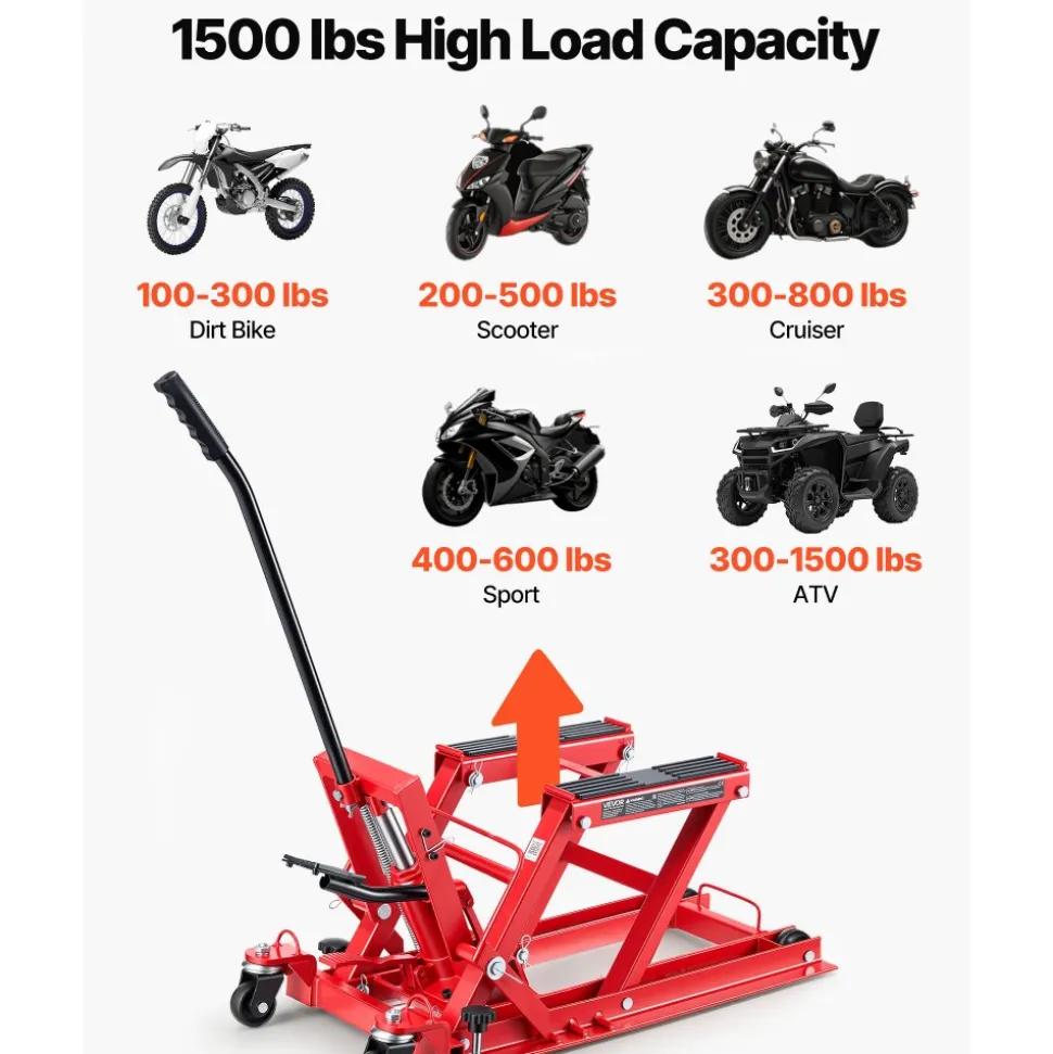 VEVOR Hydraulic Motorcycle Lift Jack, 1500 lbs Capacity, ATV Lift Jack Portable Motorcycle Hoist Stand with 4 Wheels, 4.5"-15.2" Height Range, Hydraulic Foot-Operated Hoist Stand for ATVs, Dirt Bikes