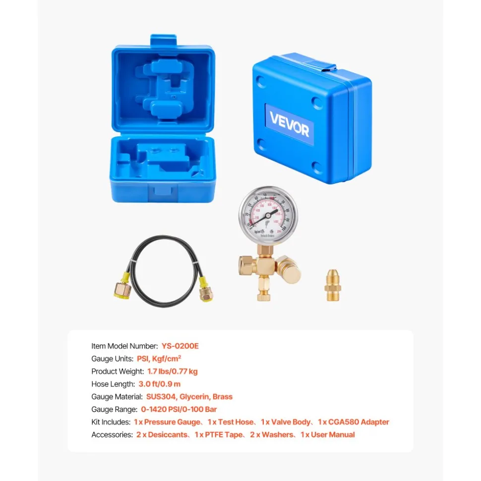VEVOR Hydraulic Nitrogen Accumulator Charging Kit, 0-1420 PSI Nitrogen Fill Kit, Pressure Test System with 1 Pressure Gauge, 1 Gas Hose, 1 Valve Body and 1 CGA580 Adapter for Construction Machinery