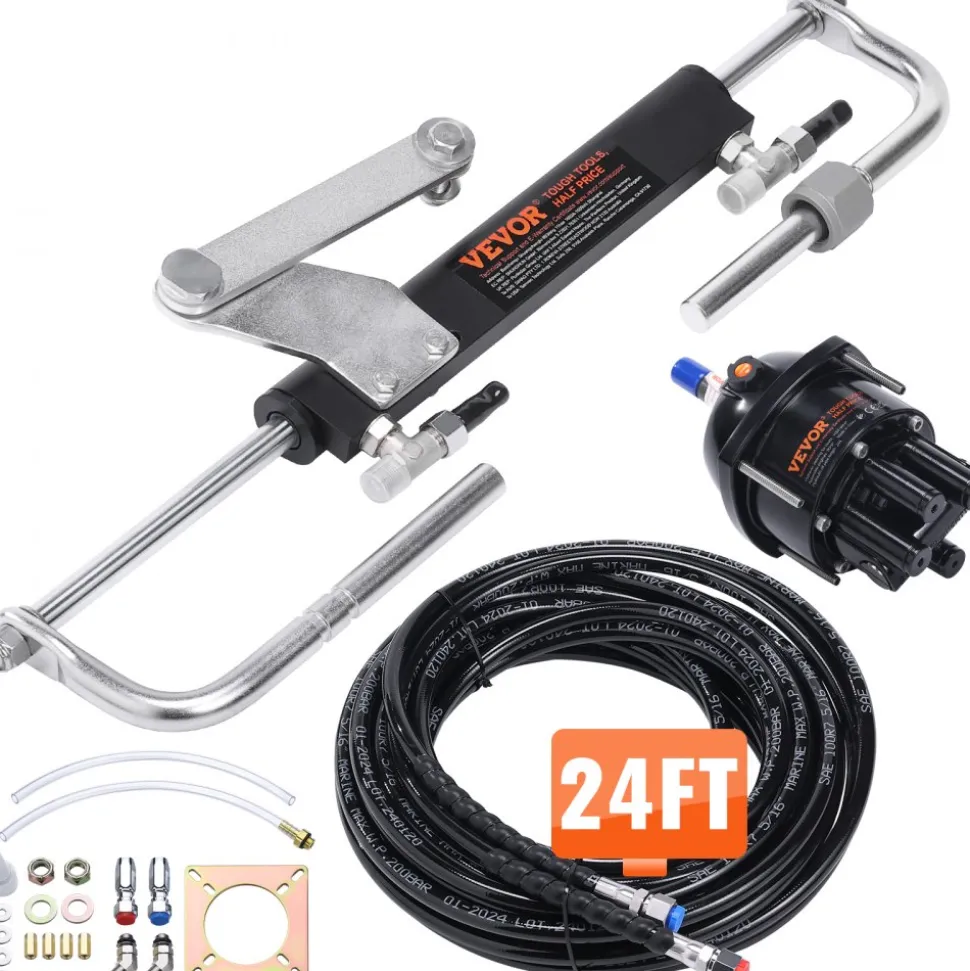 VEVOR Hydraulic Outboard Steering Kit, 90HP, Marine Boat Hydraulic Steering System, with Helm Pump Two-Way Lock Cylinder and 24 Feet Hydraulic Steering Hose, for Single Station Single-Engine Boats