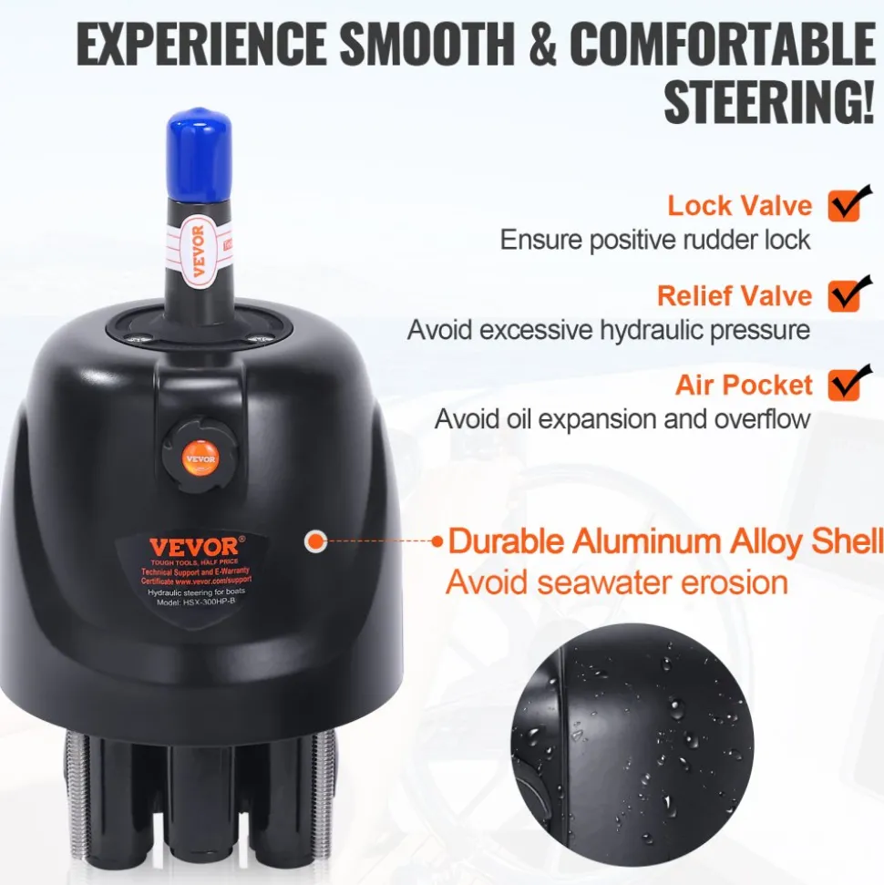 VEVOR Hydraulic Outboard Steering Pump, 1.4 Cubic Inches, 150HP Front Mount Hydraulic Helm Pump with Two-Way Lock Cylinder Stainless Steel ORB Fittings, for Single Station Single-Engine Boats