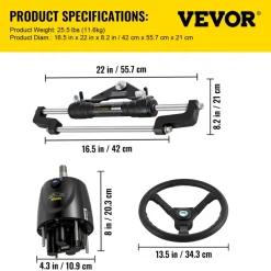 VEVOR Hydraulic Outboard Steering Kit 300HP, Hydraulic Steering Kit Helm Pump,Hydraulic Boat Steering Kit with 22 Feet Hydraulic Steering Hose for Boat Steering System