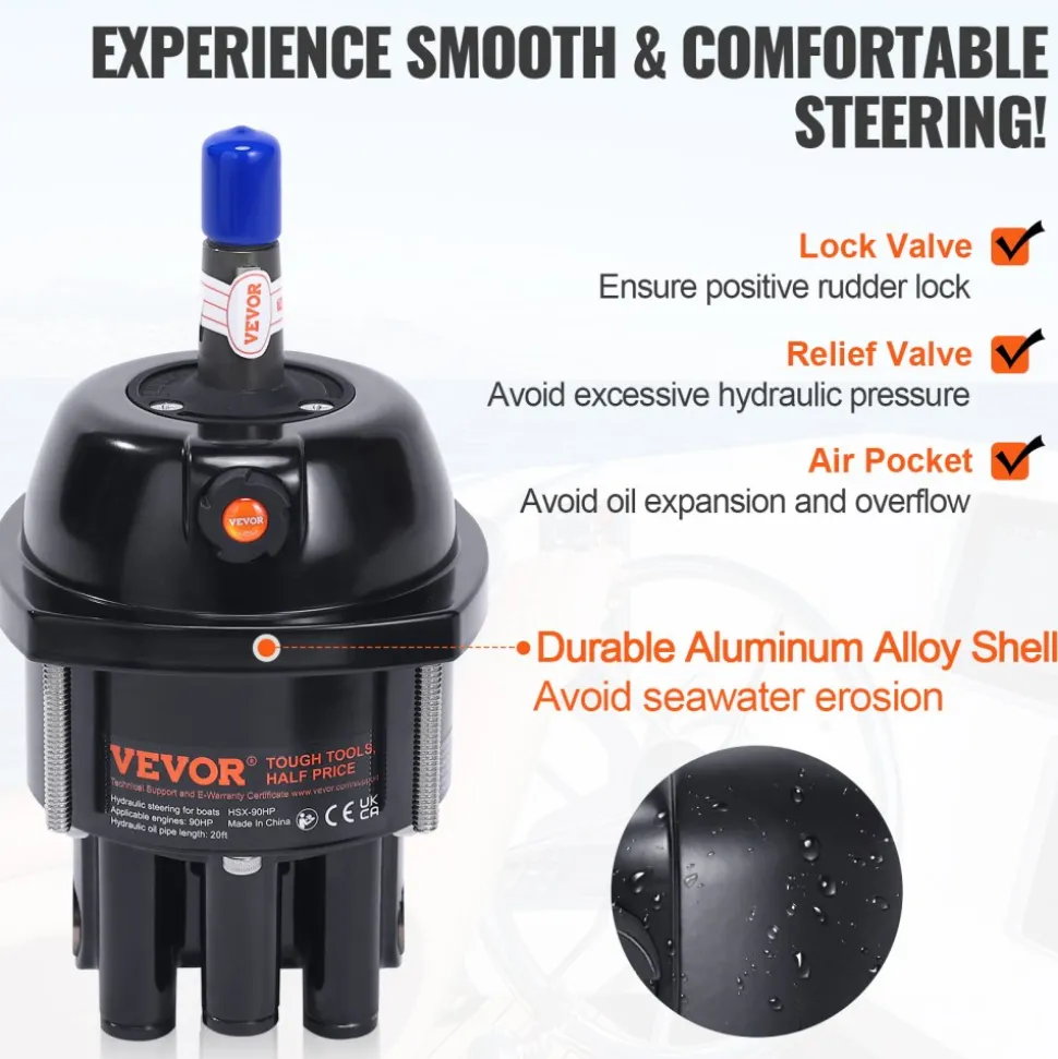 VEVOR Hydraulic Outboard Steering Kit, 90HP, Marine Boat Hydraulic Steering System, with Helm Pump Two-Way Lock Cylinder and 20 Feet Hydraulic Steering Hose, for Single Station Single-Engine Boats