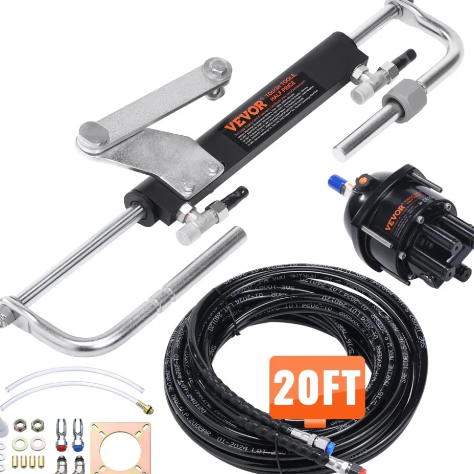 VEVOR Hydraulic Outboard Steering Kit, 90HP, Marine Boat Hydraulic Steering System, with Helm Pump Two-Way Lock Cylinder and 20 Feet Hydraulic Steering Hose, for Single Station Single-Engine Boats