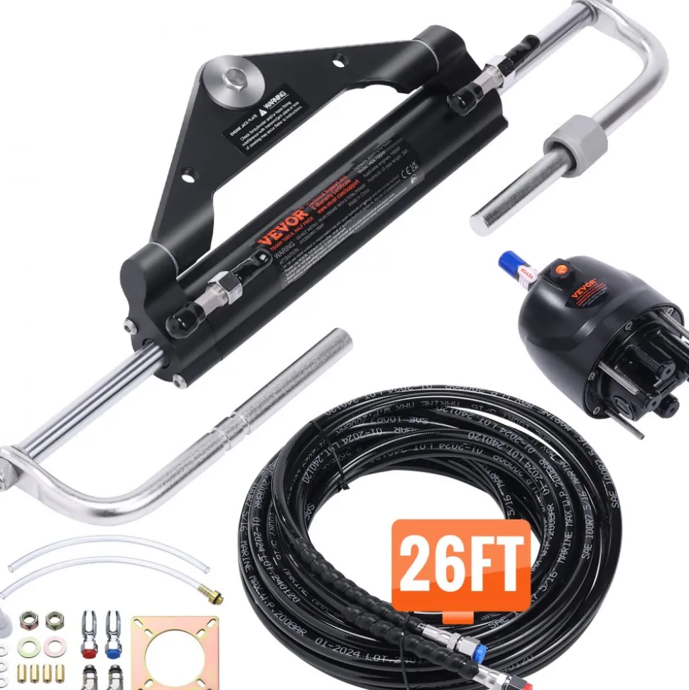VEVOR Hydraulic Outboard Steering Kit, 150HP, Marine Boat Hydraulic Steering System, with Helm Pump Two-Way Lock Cylinder and 26 Feet Hydraulic Steering Hose, for Single Station Single-Engine Boats