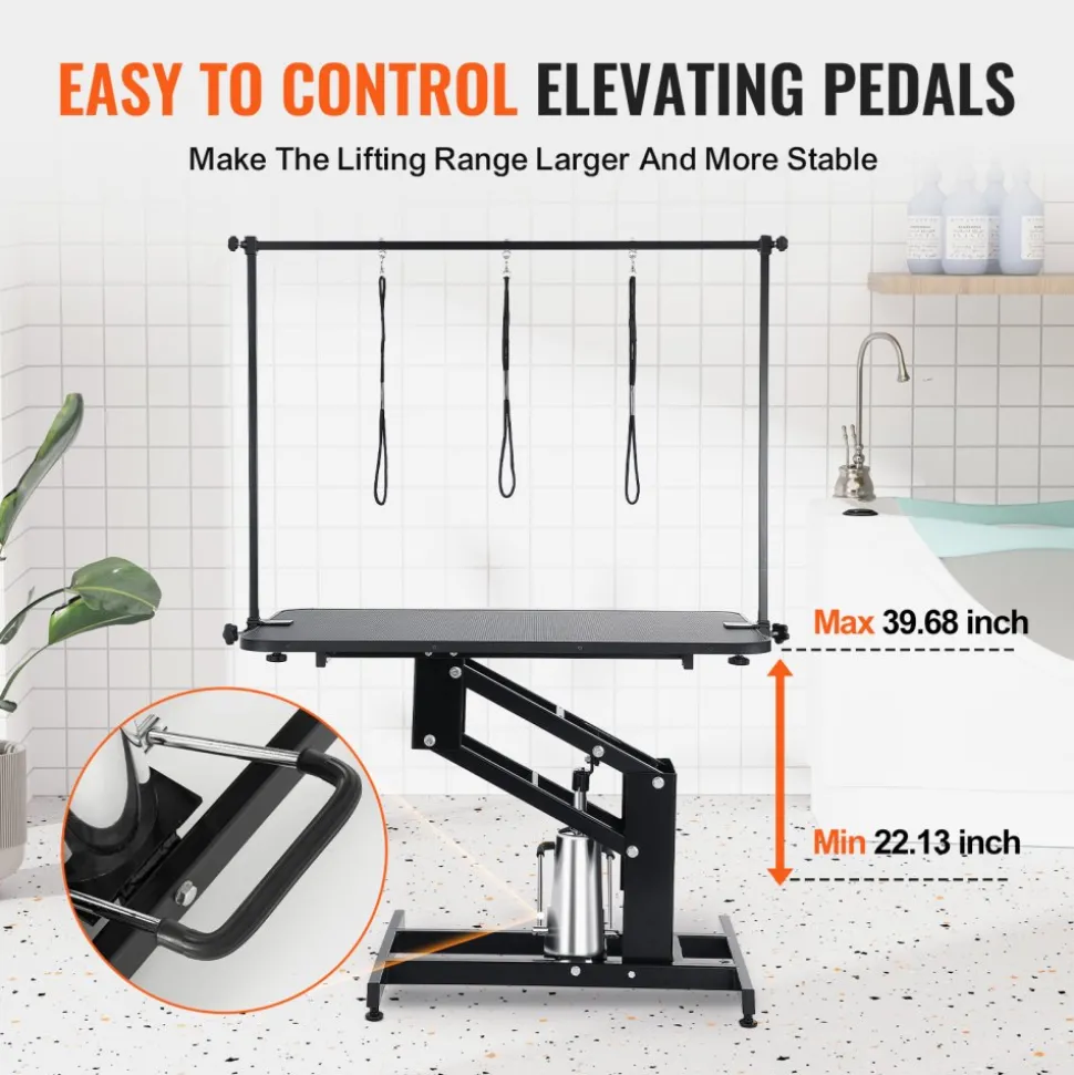 VEVOR 43" Hydraulic Pet Grooming Table, Heavy Duty Dog Grooming Arm for Medium/ Small Dogs, Height Adjustable Dog Grooming Station, Anti Slip Tabletop /Dog Grooming Station, Max Bearing 400LBS