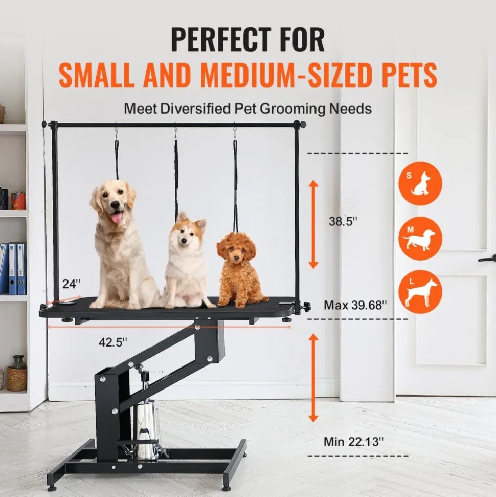 VEVOR 43" Hydraulic Pet Grooming Table, Heavy Duty Dog Grooming Arm for Medium/ Small Dogs, Height Adjustable Dog Grooming Station, Anti Slip Tabletop /Dog Grooming Station, Max Bearing 400LBS