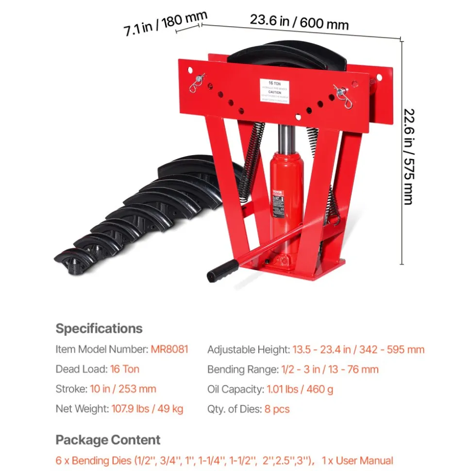 VEVOR Hydraulic Pipe Bender, 16 Ton Manual Copper Exhaust Pipe Bending Machine with 8 Dies (1/2" - 3") and 90 - 180° Adjustable Rollers, Heavy-Duty Pipe Tube Bender for Piping Railing Construction