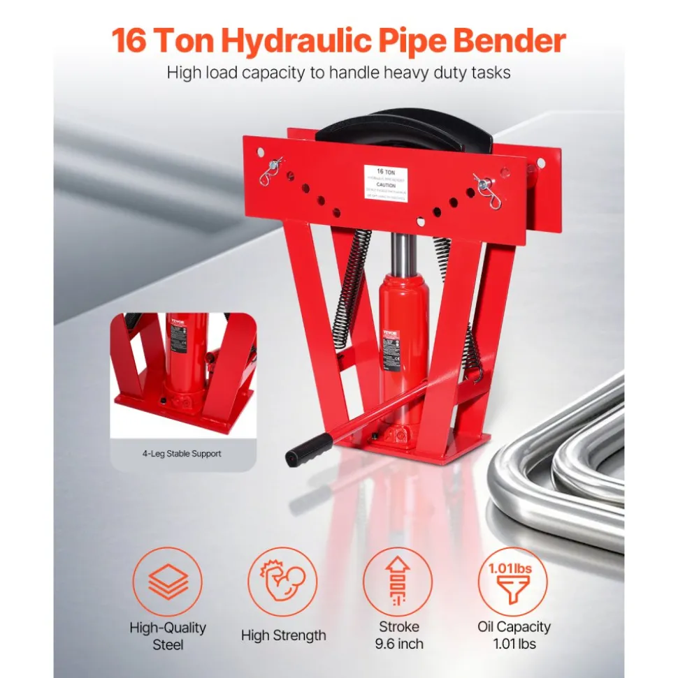 VEVOR Hydraulic Pipe Bender, 16 Ton Manual Copper Exhaust Pipe Bending Machine with 8 Dies (1/2" - 3") and 90 - 180° Adjustable Rollers, Heavy-Duty Pipe Tube Bender for Piping Railing Construction